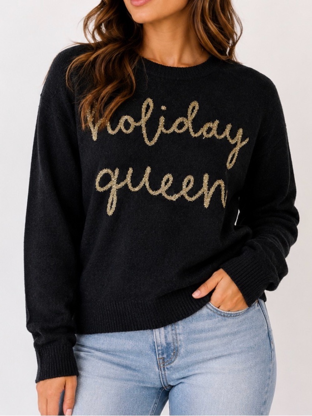 TALULAH Navy black "Holiday Queen" Sweater with Gold Script SZ SM